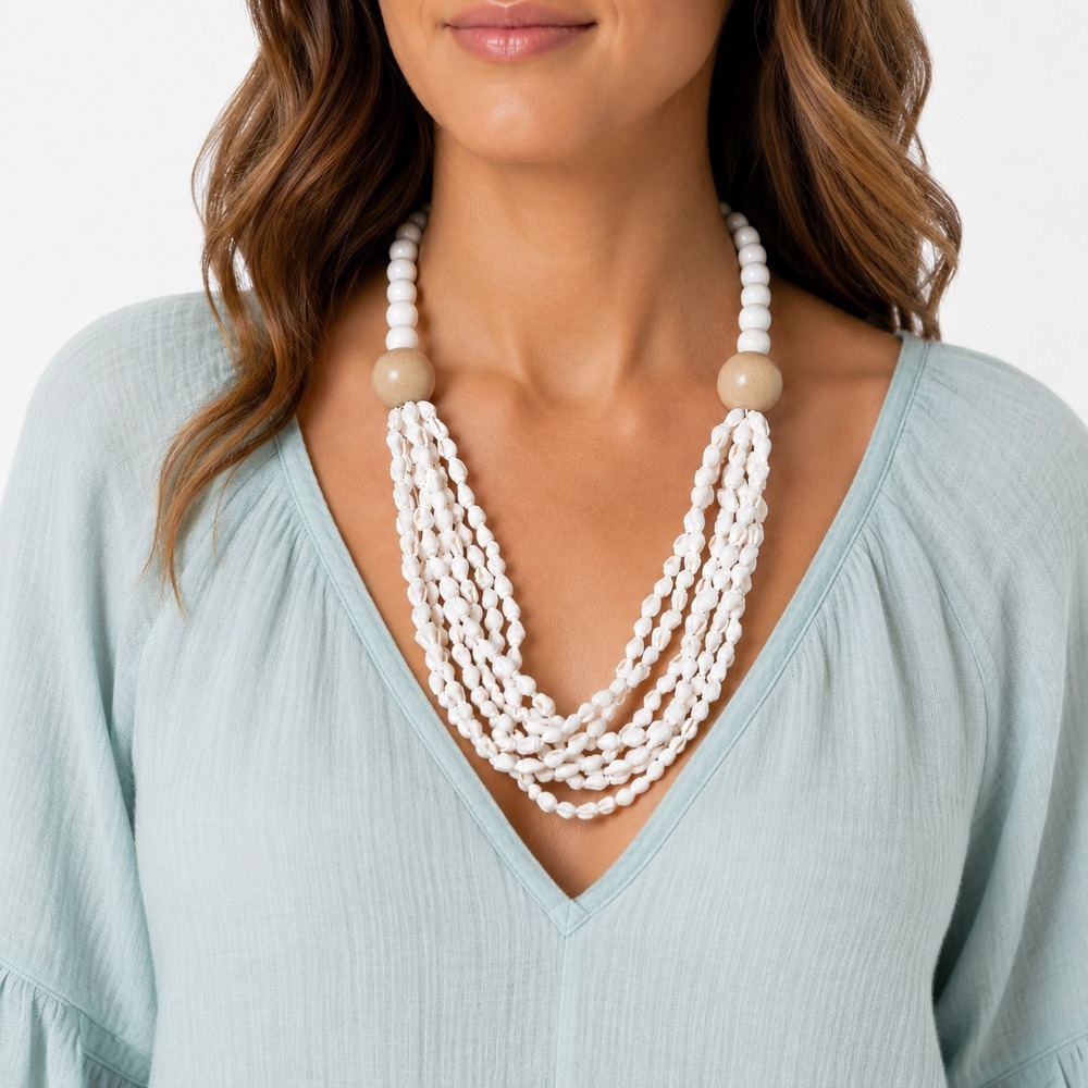 Cowrie Shell Multi Strand Statement Necklace Boho Coastal Beach White